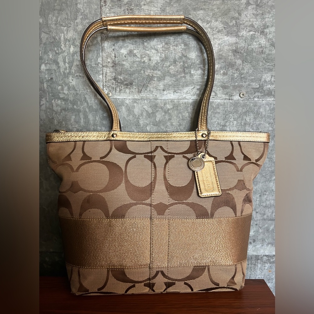 Coach signature tan/brown and gold metallic tote